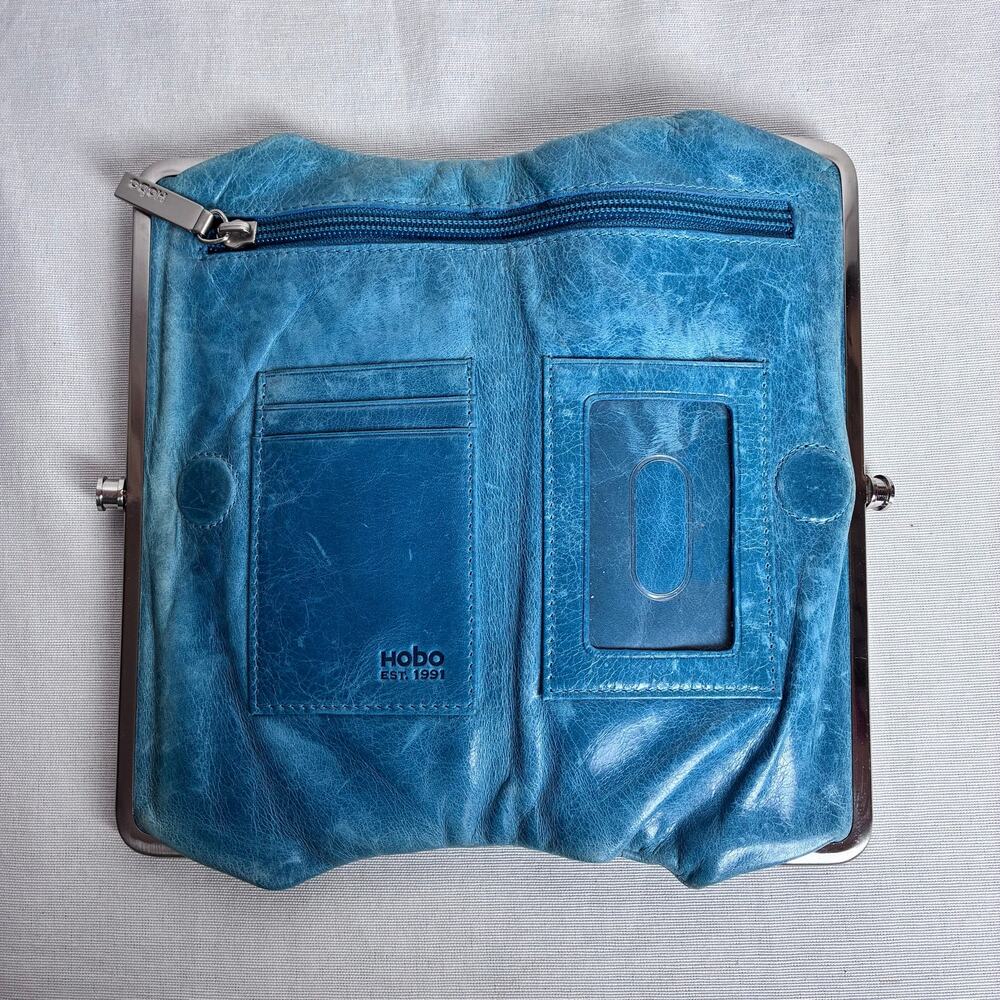 HOBO Lauren Leather Clutch Wallet Double Kiss Lock Frame Blue Boho Distressed - Picture 4 of 8